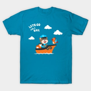 Cute bear the animal sailor on the boat with cartoon style T-Shirt